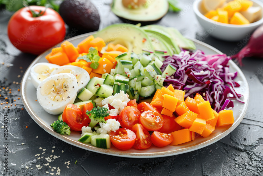 A colorful and appetizing plate featuring healthy, low-cholesterol food options