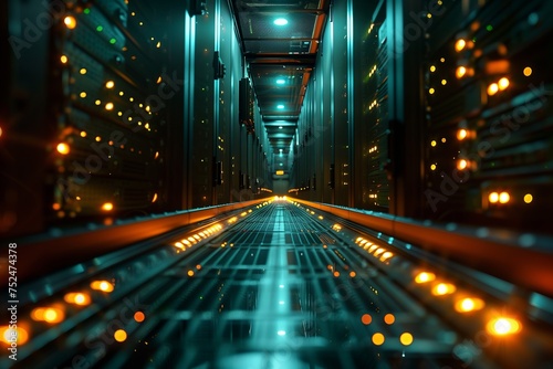 Data Center Corridor with Illuminated Rack Servers