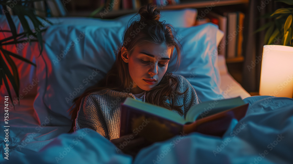 Fototapeta premium a wooman reading book in bed before sleeping 