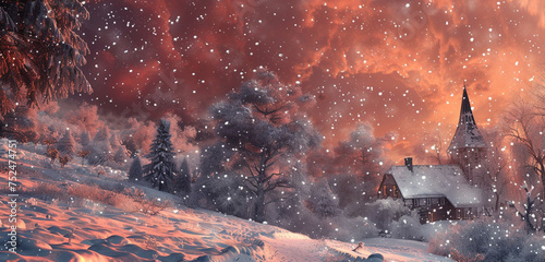 A magical Christmas night scene with heavy snowfall under a ruby red sky, snowdrifts adding to the festive ambiance