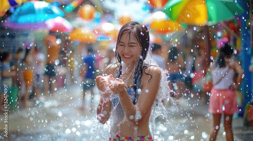 Amidst the celebration of Songkran, a close-up portrait reveals the beaming expression of a young woman, her face adorned with shimmering water droplets reflecting the soft sunlight