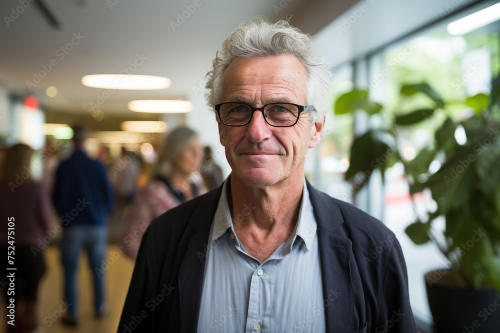 An older man in a busy, brightly lit indoor setting An older man in a busy, brightly lit indoor setting