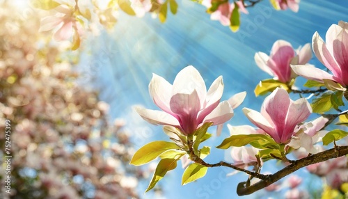  Blooming magnolia tree in the spring sun rays. Selective focus. Copy space. Easter  blossom spring  sunny woman day concept. Pink purple magnolia flowers in blue summer sky