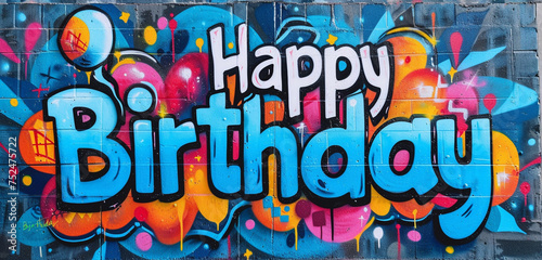 A photo text of "Happy Birthday" in graffiti-style font on a vibrant urban wall background