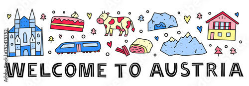 Poster with lettering and doodle colored Austria icons.