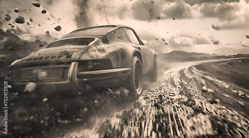 
A drift car and the dust it creates on the road. Black and white. photo