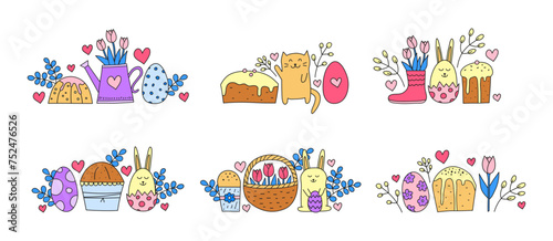 Set of compositions with doodle Easter icons.