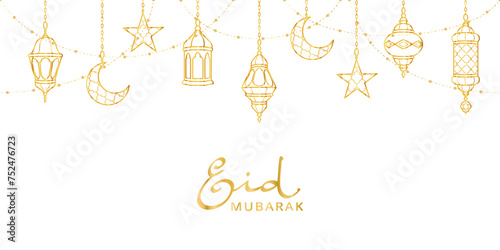 Ramadan golden decoration. Hanging lanterns, crescents, stars. Islamic celebration border. Traditional eastern ornaments, lamps isolated on white. Muslim holidays garland. Eid mubarak calligraphy.