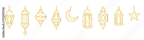 Ramadan golden decoration. Lanterns, crescent and star symbols. Islamic celebration icons. Traditional eastern lamps isolated on white. Muslim holidays line ornaments. Vector