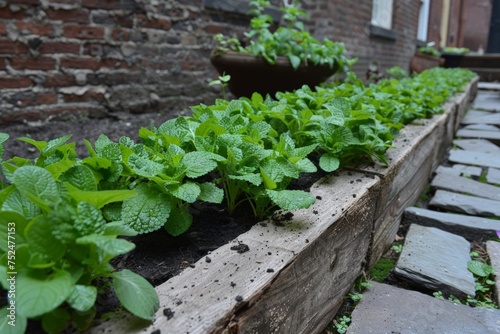 Home gardening, individuals with different abilities nurturing plants, Fresh mint plants proliferate in a long, weathered wooden planter on an urban patio. Verdant mint stretches in a rustic planter,