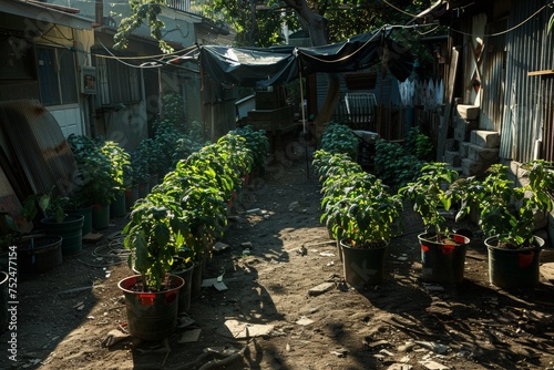 Home gardening, individuals with different abilities nurturing plants, Row of potted bell pepper plants line a sunlit alley, showcasing urban adaptation of agriculture. thriving in a narrow passageway