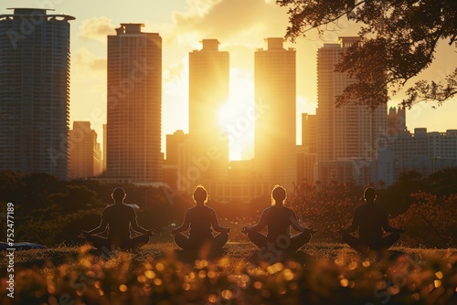 Silhouettes meditating in an urban park at dusk, skyscrapers against a fiery sky backdrop. Calm figures practice yoga with city towers rising behind them, under a sunset sky.