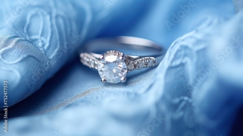 Wedding ring with diamonds on blue satin background, closeup. Perfect for jewelry store advertisements or engagement-related content with Copy Space.