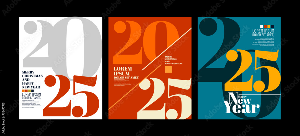 2025 colorful set of Happy New Year posters. Abstract design typography logo 2025 for vector celebration and season decoration, backgrounds, branding, banner, cover, card and or social media template.