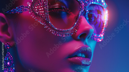 a woman wearing sunglasses with glittery pink and blue lights