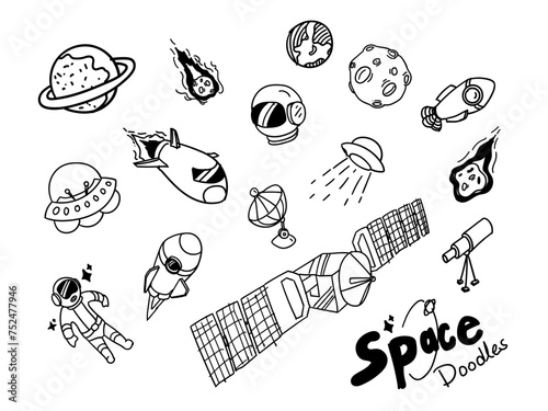 Space doodle icon set, hand drawn illustration of outer space icons