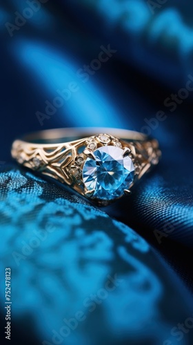 Jewelry diamond ring on blue satin background, close up. Perfect for jewelry store advertisements or engagement-related content with Copy Space.