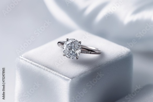 wedding ring with diamond on white satin. close up. Perfect for jewelry store advertisements or engagement-related content with Copy Space.