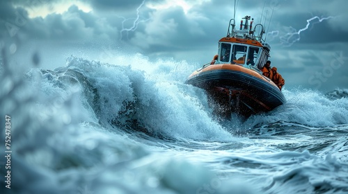 A rescue boat battles through a violent storm, navigating large waves in a raging sea, risking everything to save lives in treacherous conditions amidst the tumultuous and turbulent ocean environment.