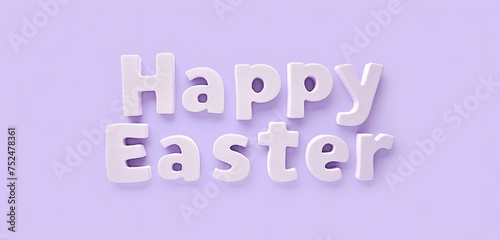 A photo text of the word "Happy Easter" on a solid lavender purple background