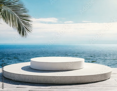 : Abstract round platform podium for cosmetic products. Natural style circle presentation display stand on sea view background
