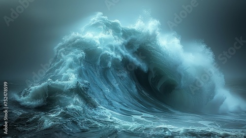 A large and powerful wave emerging in the middle of the ocean, showcasing the force of nature photo