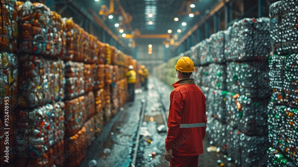 Fototapeta premium This image captures the efficient sorting and processing of household waste on a large scale, showing pressed aluminum cans being tightly packed in large bales at a waste recycling plant.