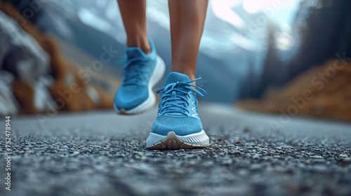 Runner feet running on road closeup on shoe. woman fitness sunrise jog workout welness concept. © Muhammad