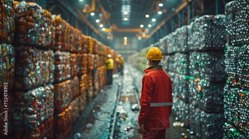 This image captures the efficient sorting and processing of household waste on a large scale, showing pressed aluminum cans being tightly packed in large bales at a waste recycling plant.