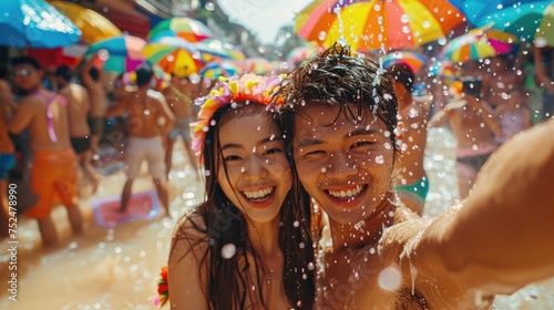 A young couple takes a joyful selfie, their smiles gleaming through the water droplets, at a lively and festive water celebration, Songkran.