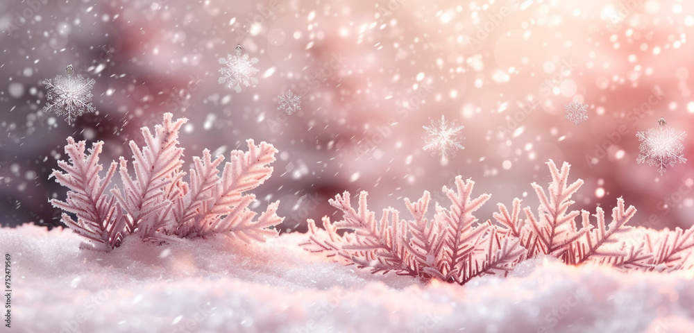 A serene Christmas background with a blanket of snow under a soft rose sky, intricate snowflakes falling gently