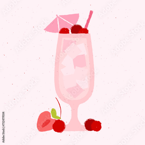 Pink cocktail with berries, cherries, strawberries and umbrella. Pina colada in hurricane glass. Milkshake. Alcohol drink for bar. Non-alcoholic beverage. Flat vector illustration with texture