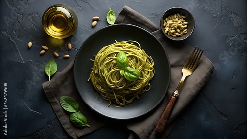Plano cenital de espaguetis al pesto sobre plano negro. Receta de pasta italiana al pesto. Pasta verde con aceite de oliva sobre mesa elegante. photo