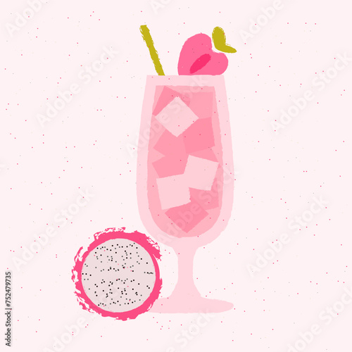 Pink cocktail with dragon fruit and strawberries. Pina colada in hurricane glass. Milkshake. Fruit smoothie. Alcohol drink for bar. Non-alcoholic beverage. Flat vector illustration with texture
