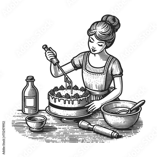 Woman confectioner cake baking hand-icing kitchen utensils and ingredients. Sketch line art engraving generative ai vector illustration. Scratch board imitation. Black and white image.