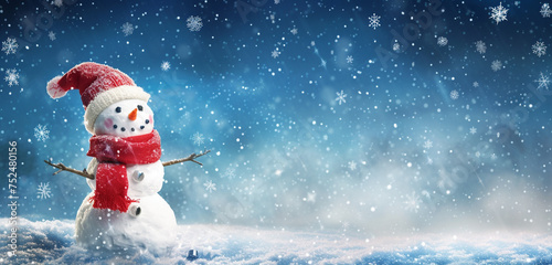A snowman with a red scarf and cap featured in a close-up, set against a snowy landscape under an indigo evening sky, with a clear view of the starry sky and copy space