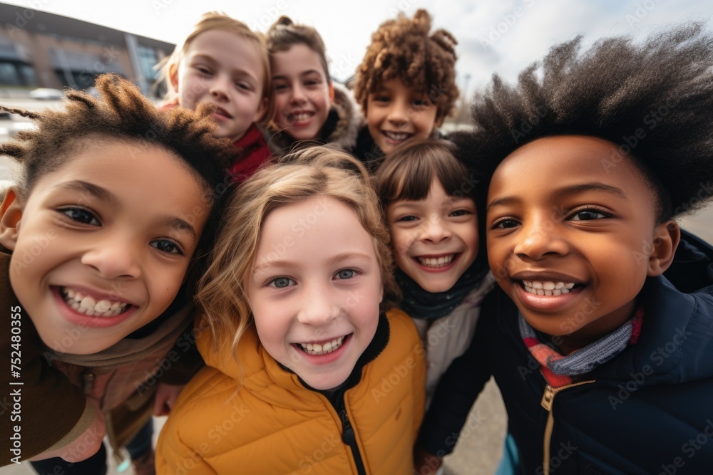 Obraz premium Smiling group of diverse kids taking a selfie outside