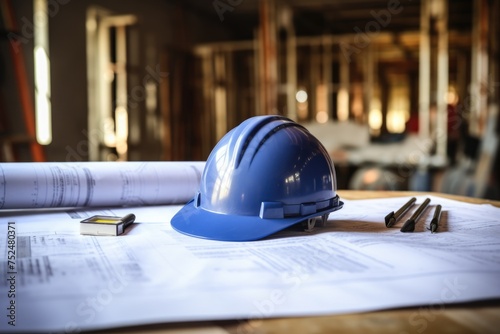 Construction helmet on blueprints in a unfinished building