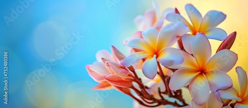 Vibrant assortment of colorful flowers blooming elegantly on a serene blue background © TheWaterMeloonProjec