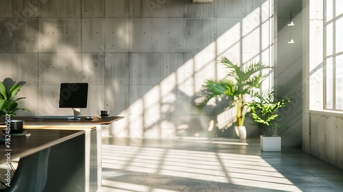 Na biurku znajduje się komputer. Zoom backdrop. Pomieszczenie ma industrialny styl, oświetlone promieniami słońca wpadającymi przez okno.  photo