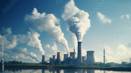 Modern coal power plant with blue sky as background, panoramic format photo