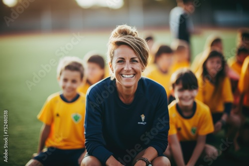 Portrait of a smiling female coach with her soccer team
