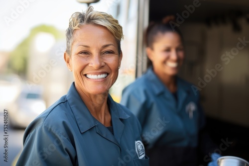 Portrait of a smiling middle aged female sanitation worker photo