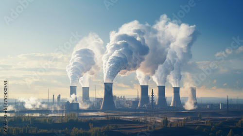 Modern coal power plant with blue sky as background, panoramic format