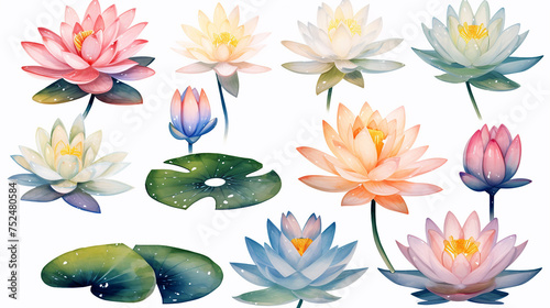 Colorful watercolor of lotus and lilies flower on white background. Vector set of blooming floral for your design. Adornment for wedding invitations and greeting card.