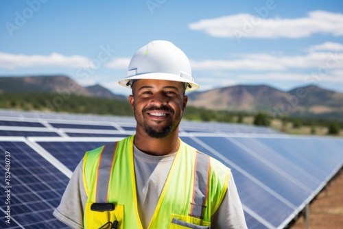 Smiling engineer with hard hat at solar power plant with mountains in the background © Vorda Berge