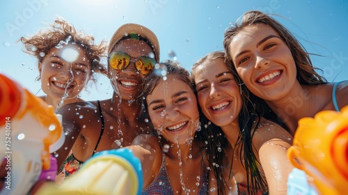 A group of exuberant friends capture a selfie moment, armed with water guns and drenched in the summer sun's warmth and joyous water sprays.