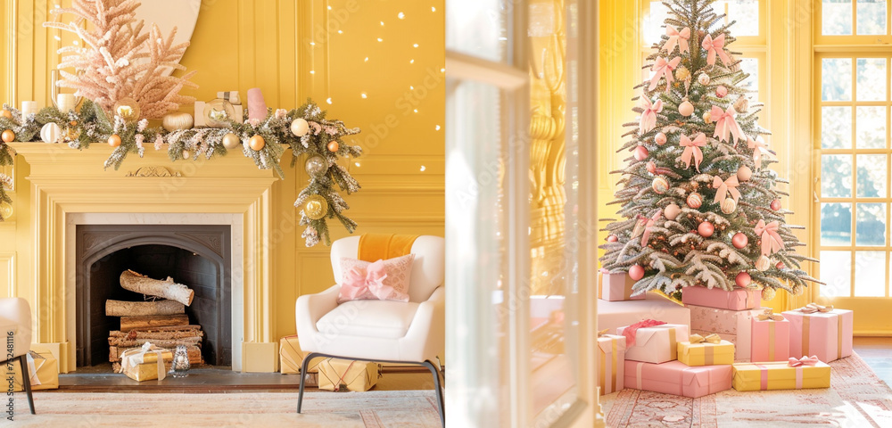 A sunny Christmas setting with a buttery yellow fireplace, an alabaster armchair, and a tree adorned with light pink gifts