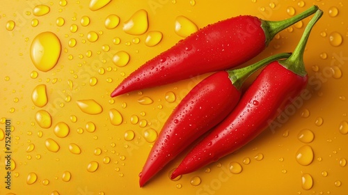 Trzy papryczki chili na żółtym tle pokrytym kroplami wody. Warzywa są jasnozielone, ostro czerwone, i soczyste.