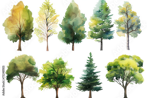 Set of watercolor green trees collection vector illustration photo